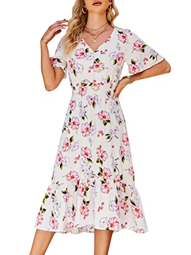 Onsoyours Maxikleider Damen Blumen Kleider Boho Sommerkleid Lang Sommerrock Strandkleid V-Ausschnitt Kleid I Weiß L von Onsoyours