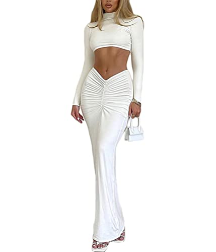 Onsoyours Maxikleider Damen Langarm Y2k Aesthetic Kleider Sexy Cut Outs Partykleid Elegant Einfarbig Schlitz Freizeitkleid Slim Fit Abend Kleid Party Club Streetwear G Weiß L von Onsoyours