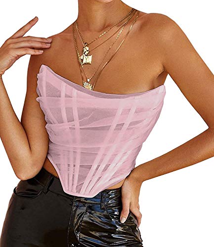 Onsoyours Mesh Corset Crop Tops Bustier Unterbrust Ohne Knochen Rückenfrei Ärmellos Trägerlos Schulterfrei Ästhetischer Bodyshaper für Frauen Y2K A Rosa M von Onsoyours