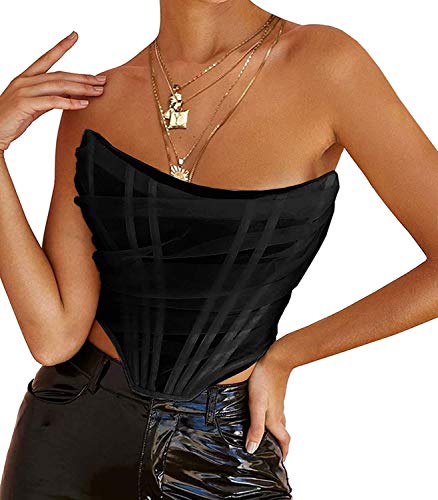 Onsoyours Mesh Corset Crop Tops Bustier Unterbrust Ohne Knochen Rückenfrei Ärmellos Trägerlos Schulterfrei Ästhetischer Bodyshaper für Frauen Y2K A Schwarz L von Onsoyours