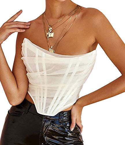 Onsoyours Mesh Corset Crop Tops Bustier Unterbrust Ohne Knochen Rückenfrei Ärmellos Trägerlos Schulterfrei Ästhetischer Bodyshaper für Frauen Y2K A Weiß M von Onsoyours