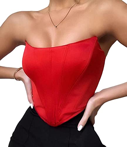 Onsoyours Mesh Corset Crop Tops Bustier Unterbrust Ohne Knochen Rückenfrei Ärmellos Trägerlos Schulterfrei Ästhetischer Bodyshaper für Frauen Y2K C Rot XS von Onsoyours