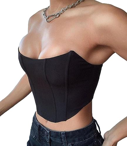 Onsoyours Mesh Corset Crop Tops Bustier Unterbrust Ohne Knochen Rückenfrei Sexy Ärmellos Trägerlos Schulterfrei Ästhetischer Bodyshaper für Frauen Y2K C Schwarz S von Onsoyours