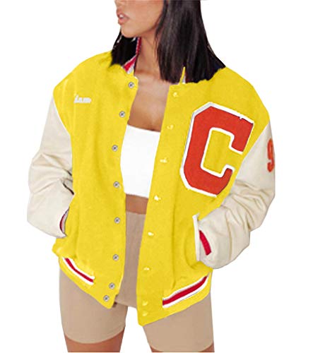 Onsoyours Minetom Bomberjacke Damen Sweatjacke Ladies College Sweat Jacket Reißverschluss Für Frauen Oversized Patchwork Jacke Vintage Druck Jacken Baseball Mantel I Gelb XXL von Onsoyours