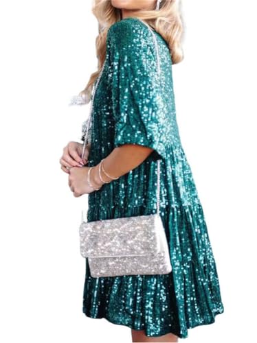 Onsoyours Mini Paillettenkleid Damen Kurzarm Elegante Pailletten Kleid Kurze Lose Glitzer Abendkleid Glitzerkleid Festlich Silvester Partykleid Minikleid Freizeitkleid A Dunkelgrün 3XL von Onsoyours