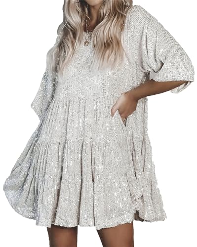 Onsoyours Mini Paillettenkleid Damen Kurzarm Elegante Pailletten Kleid Kurze Lose Glitzer Abendkleid Glitzerkleid Festlich Silvester Partykleid Minikleid Freizeitkleid A Silber XXL von Onsoyours