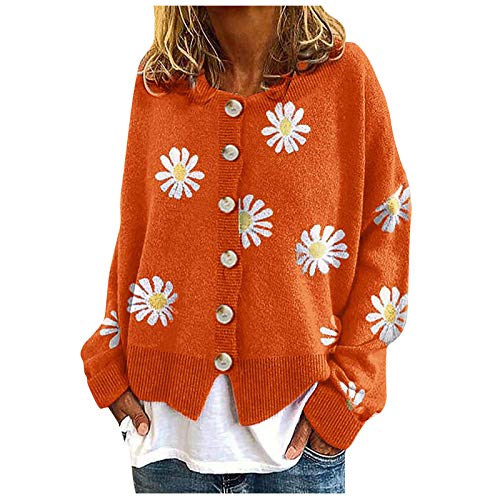 Onsoyours Mode Frauen Beiläufig Gänseblümchen Blumendruck Langarm Gestrickt Cardigan Sweater Damen Herbst Und Winter Lässig Lockere Tasten Kleine Strickjacke A Orange S von Onsoyours