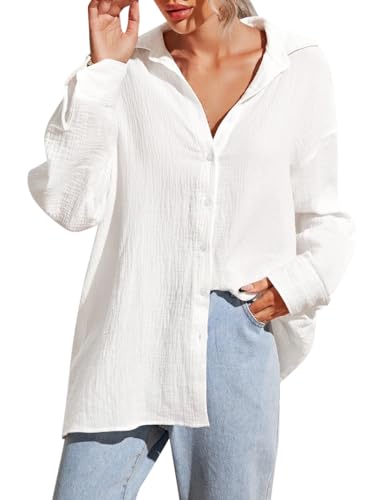 Onsoyours Musselin Bluse Damen Elegant Baumwolle Longbluse V-Ausschnitt Langarm Modern Oberteile Hemd Lose Langarmshirt Blusenshirt Hemdbluse Tuniken Tops A Weiß XS von Onsoyours