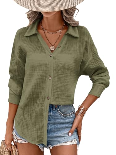 Onsoyours Musselin Bluse Damen Elegant Langarm Lässiges Hemd Sommer Button Down Tuniken Tops A Armeegrün L von Onsoyours