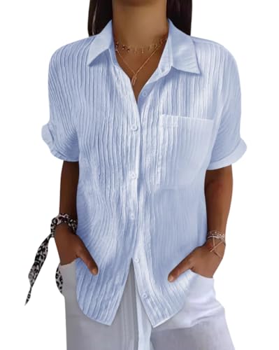 Onsoyours Musselin Bluse Damen Lässiges Kurzarm Hemdbluse Sommer V-Ausschnitt Button-Down Baumwolle Solide Blusenshirt Basic Revers Shirts mit Tasche A Blau XXL Onsoyours Musselin Bluse Damen Lässiges Kurzarm Hemdbluse Sommer V-Ausschnitt Button-Down Baumwolle Solide Blusenshirt Basic Revers Shirts mit Tasche A Blau XXL von Onsoyours