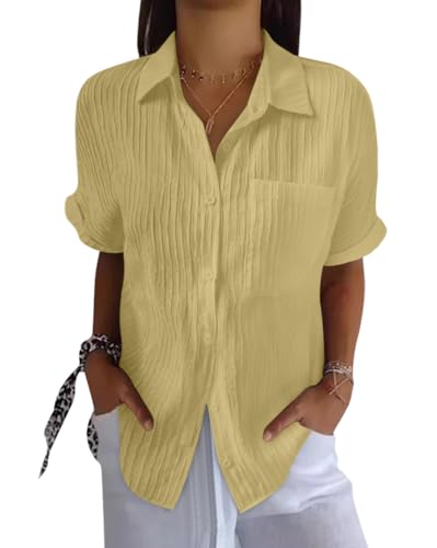 Onsoyours Musselin Bluse Damen Lässiges Kurzarm Hemdbluse Sommer V-Ausschnitt Button-Down Baumwolle Solide Blusenshirt Basic Revers Shirts mit Tasche A Gelb M von Onsoyours