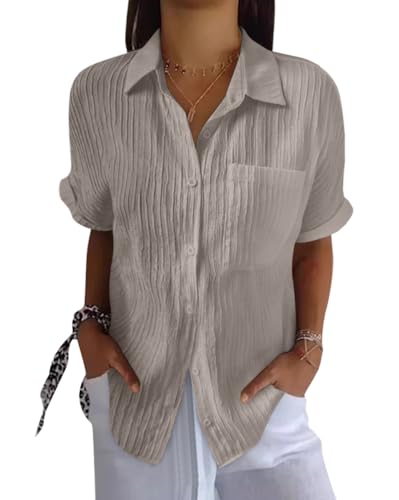 Onsoyours Musselin Bluse Damen Lässiges Kurzarm Hemdbluse Sommer V-Ausschnitt Button-Down Baumwolle Solide Blusenshirt Basic Revers Shirts mit Tasche A Grau XXL Onsoyours Musselin Bluse Damen Lässiges Kurzarm Hemdbluse Sommer V-Ausschnitt Button-Down Baumwolle Solide Blusenshirt Basic Revers Shirts mit Tasche A Grau XXL von Onsoyours
