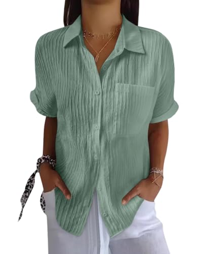Onsoyours Musselin Bluse Damen Lässiges Kurzarm Hemdbluse Sommer V-Ausschnitt Button-Down Baumwolle Solide Blusenshirt Basic Revers Shirts mit Tasche A Grün XXL Onsoyours Musselin Bluse Damen Lässiges Kurzarm Hemdbluse Sommer V-Ausschnitt Button-Down Baumwolle Solide Blusenshirt Basic Revers Shirts mit Tasche A Grün XXL von Onsoyours