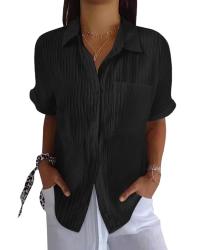 Onsoyours Musselin Bluse Damen Lässiges Kurzarm Hemdbluse Sommer V-Ausschnitt Button-Down Baumwolle Solide Blusenshirt Basic Revers Shirts mit Tasche A Schwarz L Onsoyours Musselin Bluse Damen Lässiges Kurzarm Hemdbluse Sommer V-Ausschnitt Button-Down Baumwolle Solide Blusenshirt Basic Revers Shirts mit Tasche A Schwarz L von Onsoyours