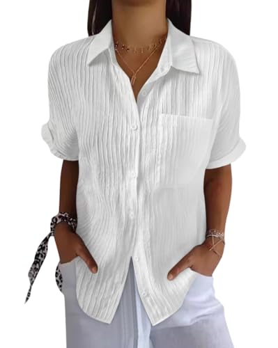 Onsoyours Musselin Bluse Damen Lässiges Kurzarm Hemdbluse Sommer V-Ausschnitt Button-Down Baumwolle Solide Blusenshirt Basic Revers Shirts mit Tasche A Weiß XS von Onsoyours