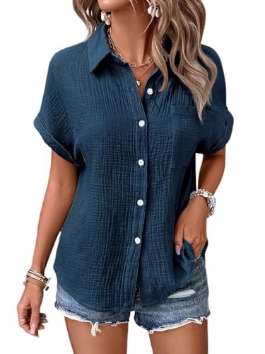 Onsoyours Musselin Bluse Damen Lässiges Kurzarm Tops Sommer V-Ausschnitt Solide Elegant Oberteile mit Tasche A Marine L von Onsoyours