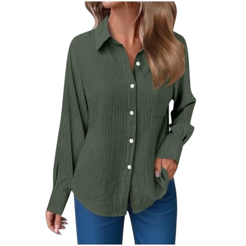 Onsoyours Musselin Bluse Damen Langarm Sommer Button-Down Hemd mit V-Ausschnitt Elegant Einfarbig Longshirt A Armeegrün XS von Onsoyours