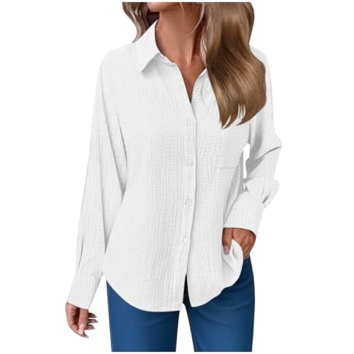 Onsoyours Musselin Bluse Damen Langarm Sommer Button-Down Hemd mit V-Ausschnitt Elegant Einfarbig Longshirt A Weiß S von Onsoyours