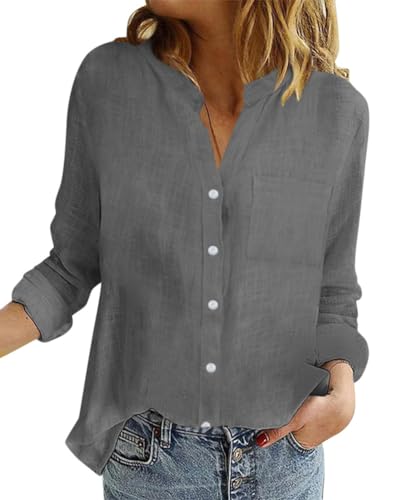 Onsoyours Musselin Bluse Damen Leinenbluse Damen Sommer Langarm Große Größen Hemdbluse Blusenkleid Leinen Elegant Weiß Longbluse Blusenshirt Damenblusen A Grau XXL von Onsoyours