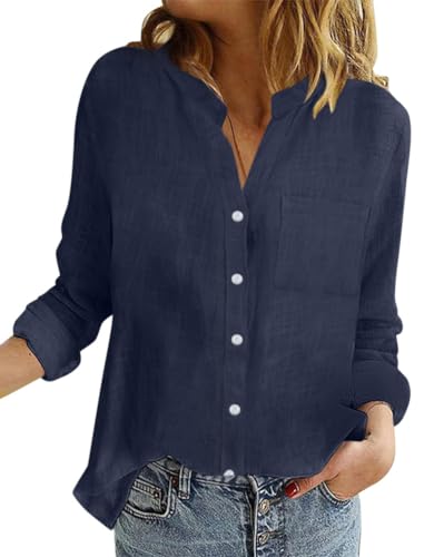 Onsoyours Musselin Bluse Damen Leinenbluse Damen Sommer Langarm Große Größen Hemdbluse Blusenkleid Leinen Elegant Weiß Longbluse Blusenshirt Damenblusen A Marine L von Onsoyours