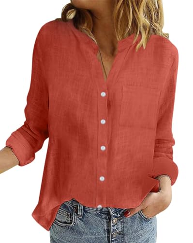 Onsoyours Musselin Bluse Damen Leinenbluse Damen Sommer Langarm Große Größen Hemdbluse Blusenkleid Leinen Elegant Weiß Longbluse Blusenshirt Damenblusen A Rot XXL von Onsoyours