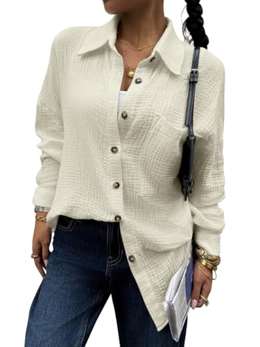 Onsoyours Musselin Bluse Damen V-Ausschnitt Lässiges Einfarbig Oversize Shirt Langarm Longshirt für Leggings A Aprikose L von Onsoyours