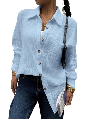 Onsoyours Musselin Bluse Damen V-Ausschnitt Lässiges Einfarbig Oversize Shirt Langarm Longshirt für Leggings A Blau M von Onsoyours