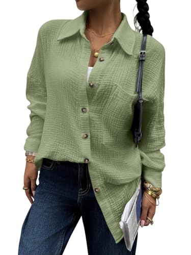 Onsoyours Musselin Bluse Damen V-Ausschnitt Lässiges Einfarbig Oversize Shirt Langarm Longshirt für Leggings A Hellgrün L von Onsoyours