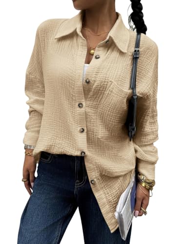 Onsoyours Musselin Bluse Damen V-Ausschnitt Lässiges Einfarbig Oversize Shirt Langarm Longshirt für Leggings A Khaki L von Onsoyours