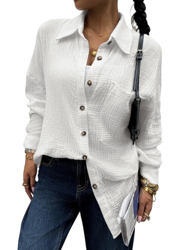 Onsoyours Musselin Bluse Damen V-Ausschnitt Lässiges Einfarbig Oversize Shirt Langarm Longshirt für Leggings A Weiß XL von Onsoyours