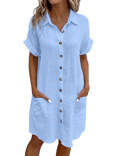 Onsoyours Musselin Kleid Damen Kurzarm V-Ausschnitt Casual Sommerkleid Einfarbig Elegant Knopfleiste Knielang Strandkleid A Hellblau M von Onsoyours