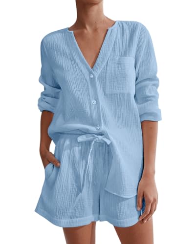 Onsoyours Musselin Zweiteiler Damen Sommer Outfit Musselin Bluse und Shorts 2 Teiler Kleidung Elegant Strand Urlaub Lounge Damen Set Bluse und Shorts Two Piece Set B Blau L von Onsoyours