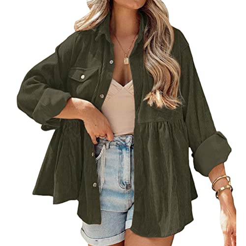 Onsoyours Neu Cordhemd Cordjacke Damen Oversize Shirt Frauen Hemdjacke aus Cord Langarm Lose Revers Cordstoff Bluse mit Knöpfen Frühling Herbst Hemd Outwear A Armeegrün L von Onsoyours