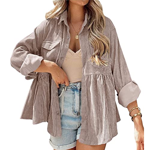 Onsoyours Neu Cordhemd Cordjacke Damen Oversize Shirt Frauen Hemdjacke aus Cord Langarm Lose Revers Cordstoff Bluse mit Knöpfen Frühling Herbst Hemd Outwear A Hellbraun L von Onsoyours