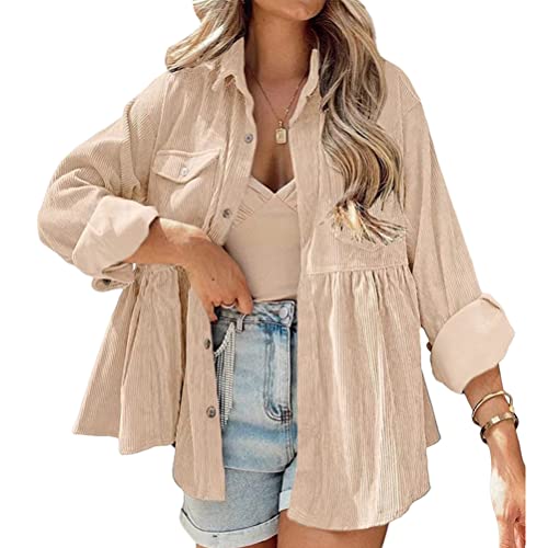 Onsoyours Neu Cordhemd Cordjacke Damen Oversize Shirt Frauen Hemdjacke aus Cord Langarm Lose Revers Cordstoff Bluse mit Knöpfen Frühling Herbst Hemd Outwear A Khaki L von Onsoyours