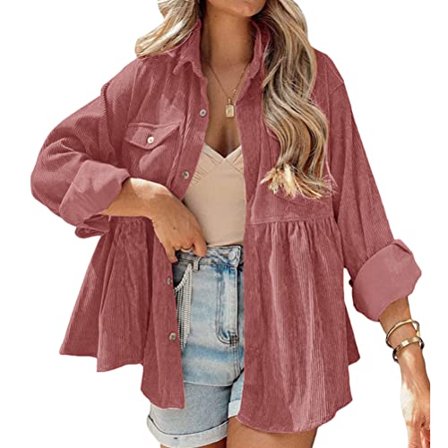 Onsoyours Neu Cordhemd Cordjacke Damen Oversize Shirt Frauen Hemdjacke aus Cord Langarm Lose Revers Cordstoff Bluse mit Knöpfen Frühling Herbst Hemd Outwear A Rosa XS von Onsoyours