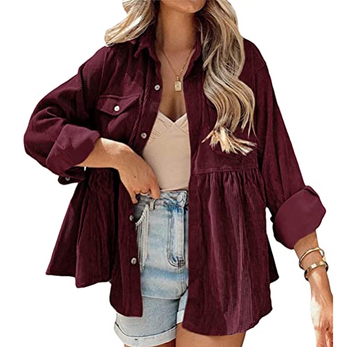 Onsoyours Neu Cordhemd Cordjacke Damen Oversize Shirt Frauen Hemdjacke aus Cord Langarm Lose Revers Cordstoff Bluse mit Knöpfen Frühling Herbst Hemd Outwear A Weinrot M von Onsoyours