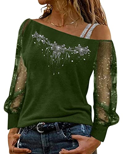 Onsoyours Oberteile Damen Langarm Shirt Schulterfrei Tunika Bluse Tops Pailletten Pullover Elegant Basic Casual Lose Paillettendruck Blusen Mode Freizeit Sportshirt Laufshirt B Armeegrün XXL von Onsoyours