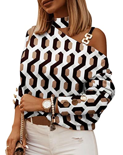 Onsoyours Oberteile Damen Langarm Shirt Schulterfrei Tunika Bluse Tops Pailletten Pullover Elegant Basic Casual Lose Paillettendruck Blusen Mode Freizeit Sportshirt Laufshirt F20 Khaki L von Onsoyours