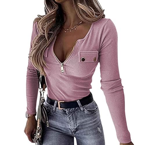 Onsoyours Oberteile Damen Langarm Tshirt V-Ausschnitt Reißverschluss Stretch Pullover Gerippt Langarmshirts Ribbed Tops Basic Shirt B Rosa S von Onsoyours