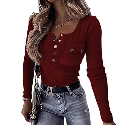Onsoyours Oberteile Damen Langarm Tshirt V-Ausschnitt Reißverschluss Stretch Pullover Gerippt Langarmshirts Ribbed Tops Basic Shirt C Rot S von Onsoyours