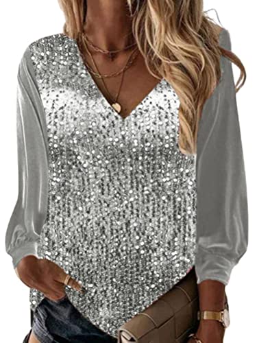 Onsoyours Oberteile Damen Streifen Glitzer Langarmshirt Casual Mode Pulli Shirt Langarm Sexy V-Ausschnitt Tunika Bluse Tops Elegant Einfarbig Spitze Jumper Pullover Herbst Winter A Silber XXL von Onsoyours