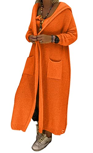 Onsoyours Orange Taschen Mit Kapuze Langarm Lässige Cardigan Damen Grobe Strickjacke Lang Mantel Mode M von Onsoyours
