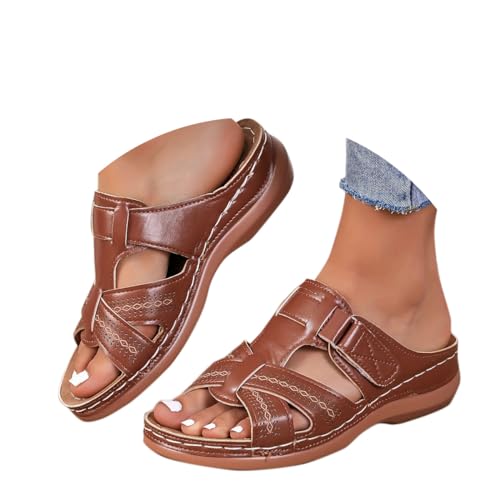 Onsoyours Orthopädische Sandalen Damen Sommer Vintage Schlappen Peep Toe Hausschuhe Keil PU Pantoffeln Plateau Sommerschuhe Freizeit Strandschuhe B Braun 39 EU von Onsoyours