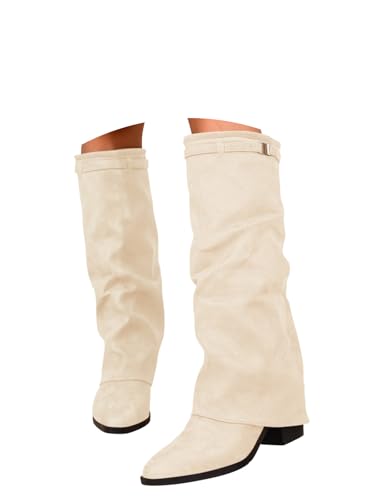 Onsoyours Overknees Stiefel Damen Wildleder Weitschaftstiefel Elegant Bequemer Langschaft Boots mit Absatz Herbst Winterschuhe A Beige 42 EU von Onsoyours