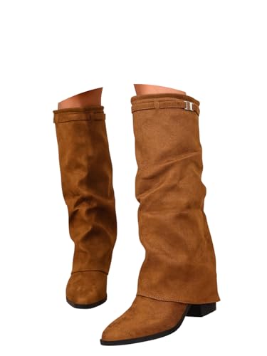 Onsoyours Overknees Stiefel Damen Wildleder Weitschaftstiefel Elegant Bequemer Langschaft Boots mit Absatz Herbst Winterschuhe A Braun 40 EU von Onsoyours