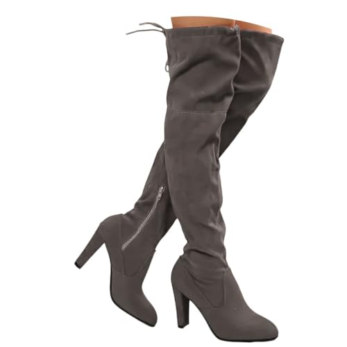 Onsoyours Overknees Stiefel Damen mit Blockabsatz Wildleder Langschaft Stiefel Reißverschluss Winterstiefel Langschaft Boots A Grau 42 EU von Onsoyours