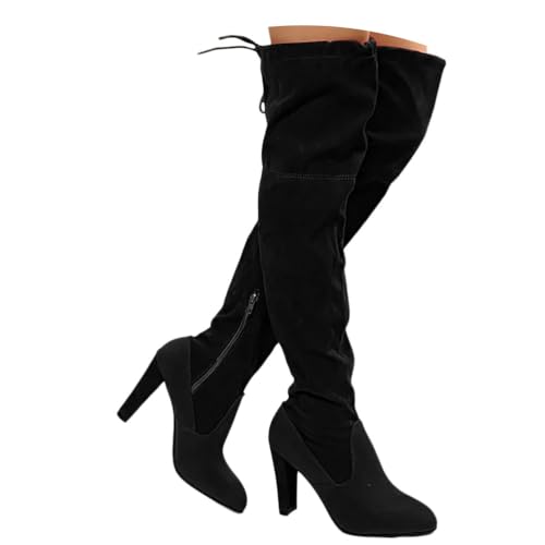 Onsoyours Overknees Stiefel Damen mit Blockabsatz Wildleder Langschaft Stiefel Reißverschluss Winterstiefel Langschaft Boots A Schwarz 39 EU von Onsoyours