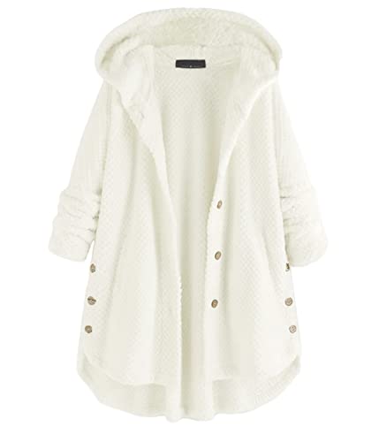 Onsoyours Oversized Teddy Hoodie Damen Plüschmantel mit Taschen Fleece Plüschjacke Herbst Pullover Winter Warm Kapuzenpullover Sweater Outwear Wintermantel B Weiß 3XL von Onsoyours