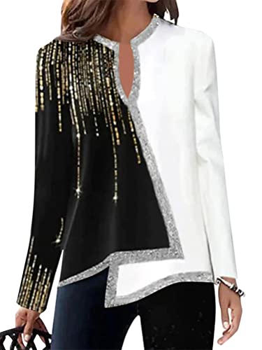 Onsoyours Pailletten Oberteil Elegant Langarmshirt Festliche Bluse Langarm Tunika Lässig V-Ausschnitt Glitzer Oberteile Tops Tunika Elegant Pullover Mode Party E Weiß S von Onsoyours